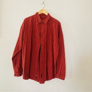 Timberland XL red plaid brown button shirt